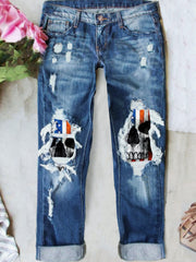 Skull Print Washed Button Fly Medium Stretch Jeans