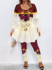 Christmas Ball Print Peplum Top & Leggings Outfit 2 Piece Set