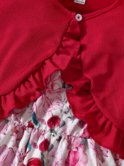 Girl's 2pcs Floral A Line Dress & Ruffle Cardigan Set Spring Autumn
