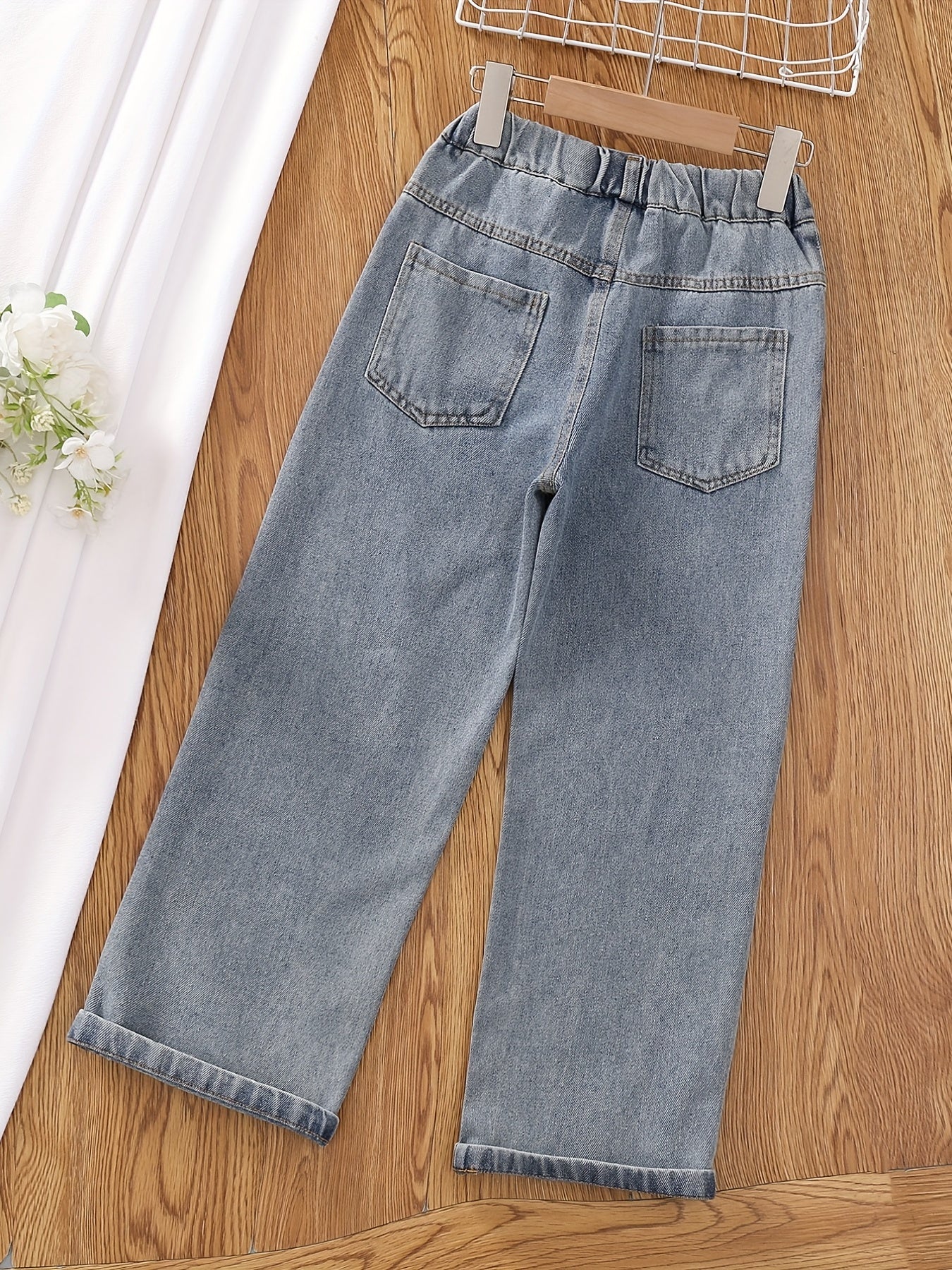 Girls' Graphic Wide Leg Jeans, Elastic Waist Denim Pants