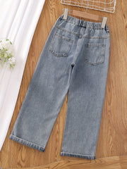 Girls' Graphic Wide Leg Jeans, Elastic Waist Denim Pants