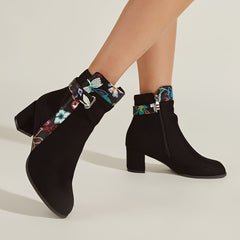 Floral Pattern Boots Point Toe Block Heel Side Zipper Winter Shoes