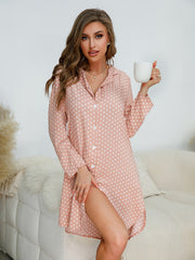 Polka Dot Long Sleeve NightDress Lapel Buttons Pajama Dress