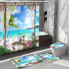 Summer Beach Shower Curtain Bathroom Non Slip Mat 4pcs Set
