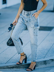 Flap Pockets Straight Jeans High Waist Non Stretch Cargo Pants
