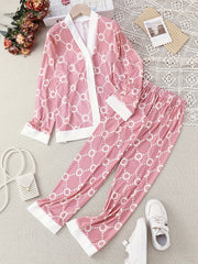 Girls 2pcs Pajamas Geometric Print Long Sleeve Button Front