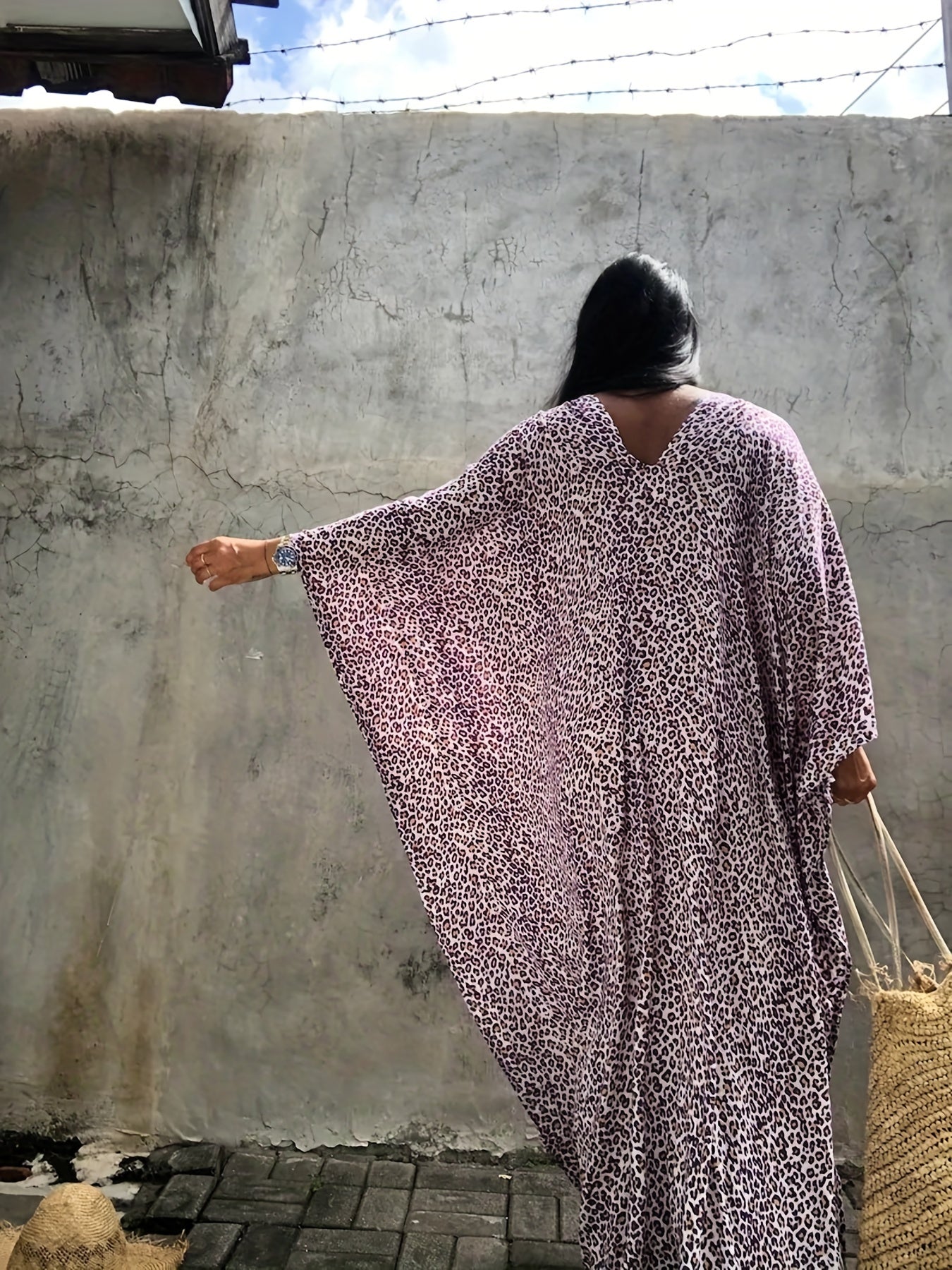Boho Cover Up Women's Plus Leopard Print V Neck Split Maxi Kaftan