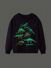 Luminous Dinosaur Print Boys Sweatshirt Crew Neck Tops