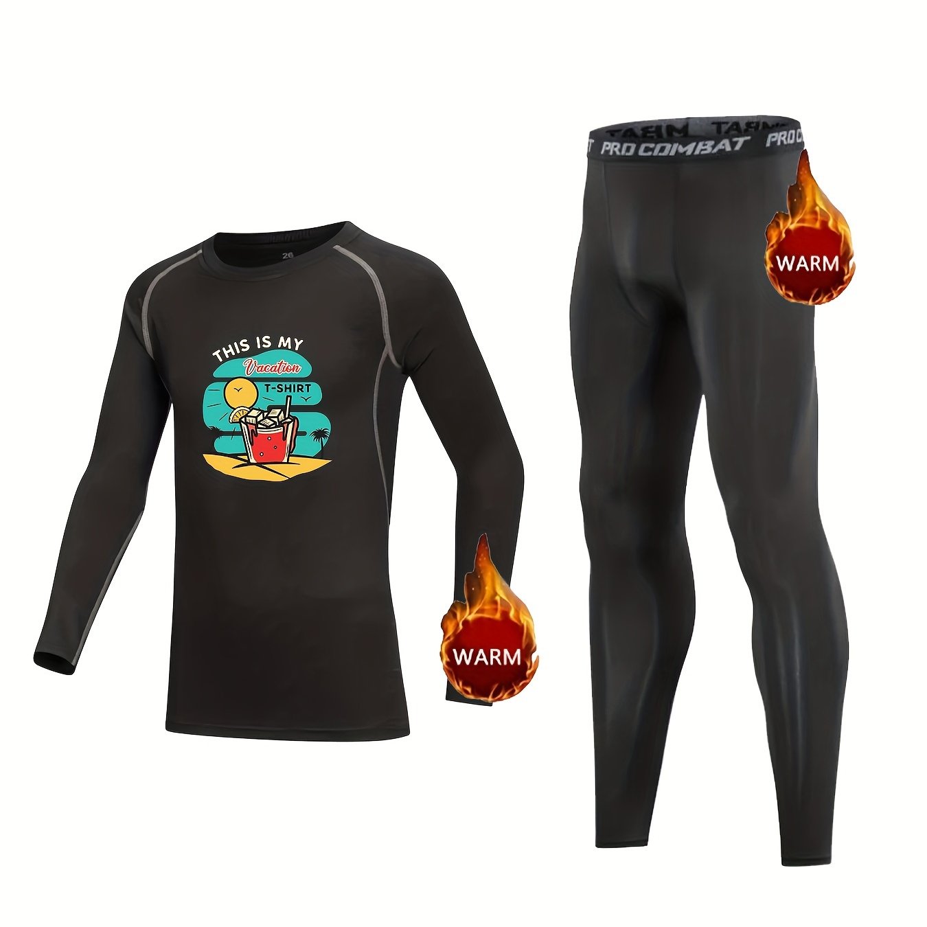 Kids Compression Monster Pattern Fleece Set Long Sleeve Shirt & Pants