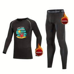 Kids Compression Monster Pattern Fleece Set Long Sleeve Shirt & Pants