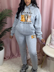 Cat & Slogan Print Hoodie & Sweatpants Set