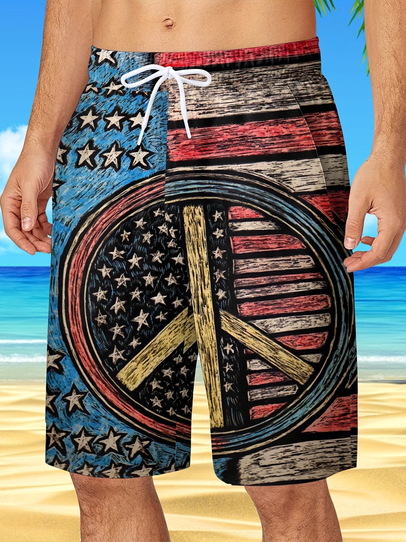 Flag Pattern Men's Drawstring Beach Shorts Hawaiian Style Shorts