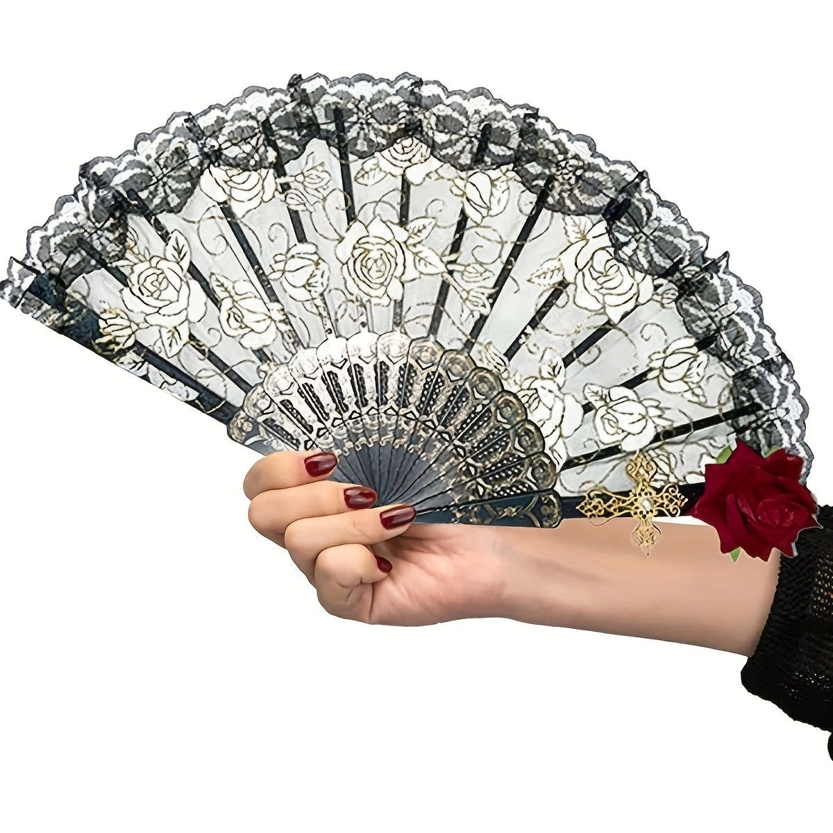 Vintage Folding Fan Spanish Style Rose Lace Cocktail Tea Party Accessory