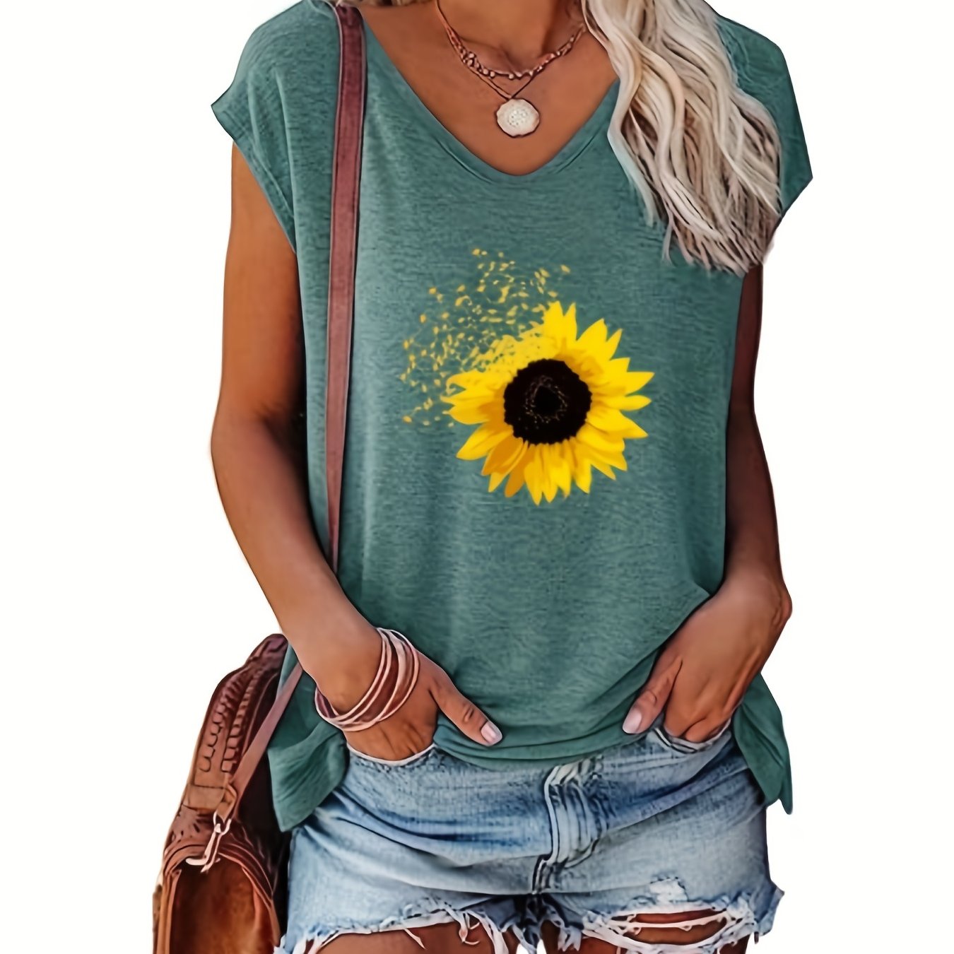 Sunflower Print Cap Sleeve Top V Neck Summer Top