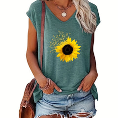 Sunflower Print Cap Sleeve Top V Neck Summer Top