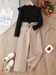 Girl's Ribbed Top & Wide Leg Pants Set for Spring Fall