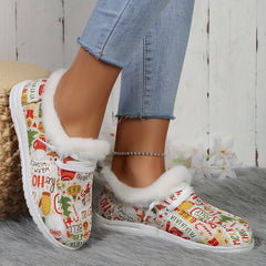Christmas Print Plush Lined Furry Flat Lightweight Comfortable Skate Shoes