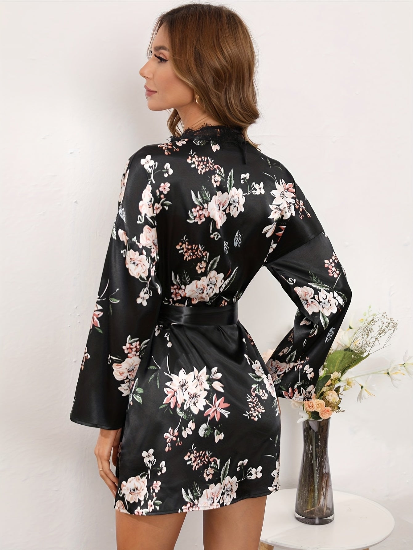 Floral Print Pajama Set Long Sleeve Robe & Cami Top & Lace Trim Shorts