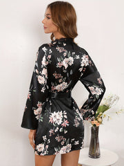 Floral Print Pajama Set Long Sleeve Robe & Cami Top & Lace Trim Shorts