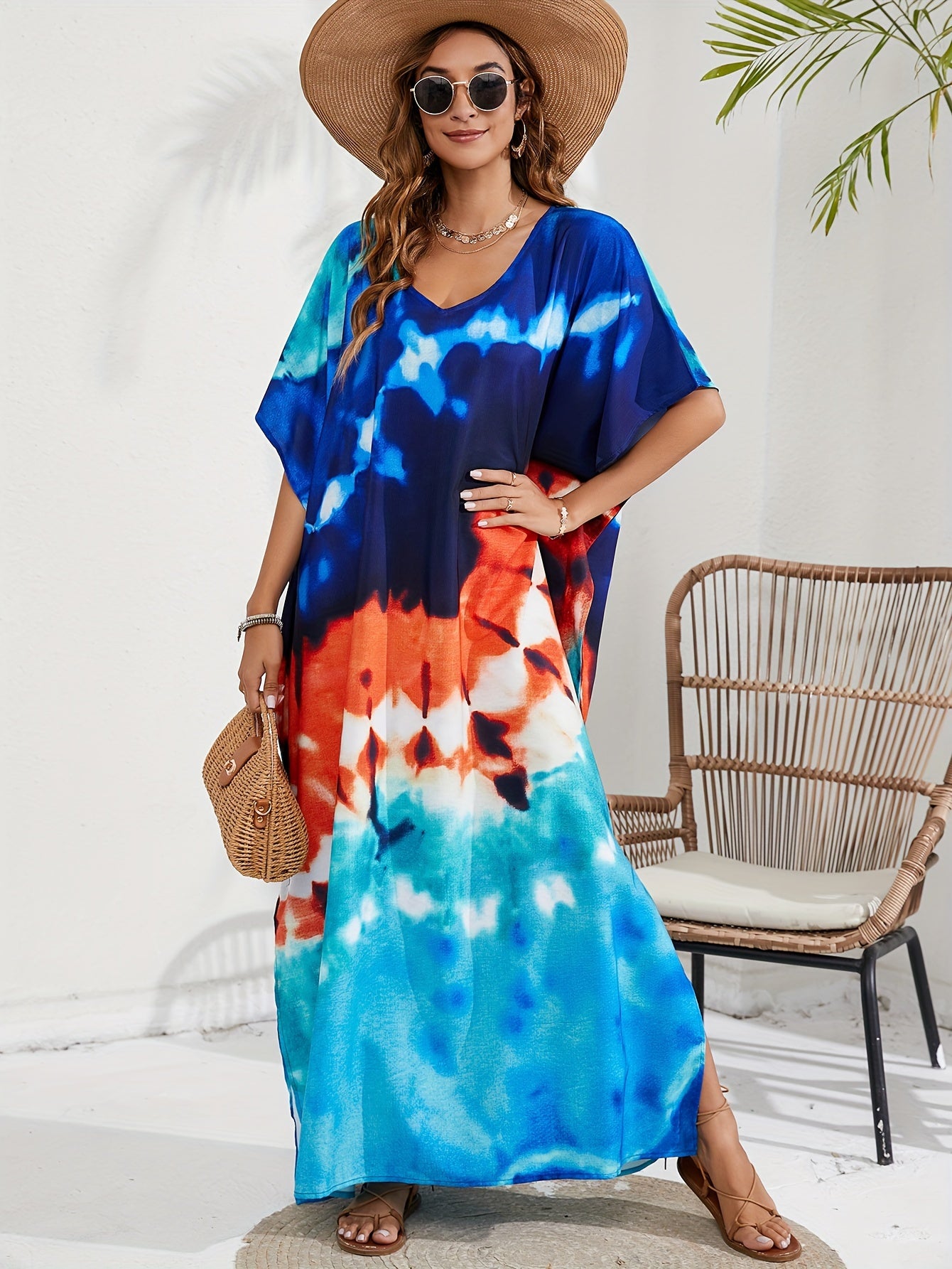 Tie Dye Batwing Sleeve Beach Cover Up Dress