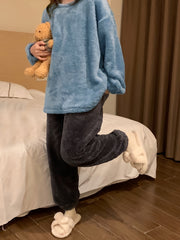 Plush Pajamas Set Crew Neck Top & Fluffy Waistband Pants