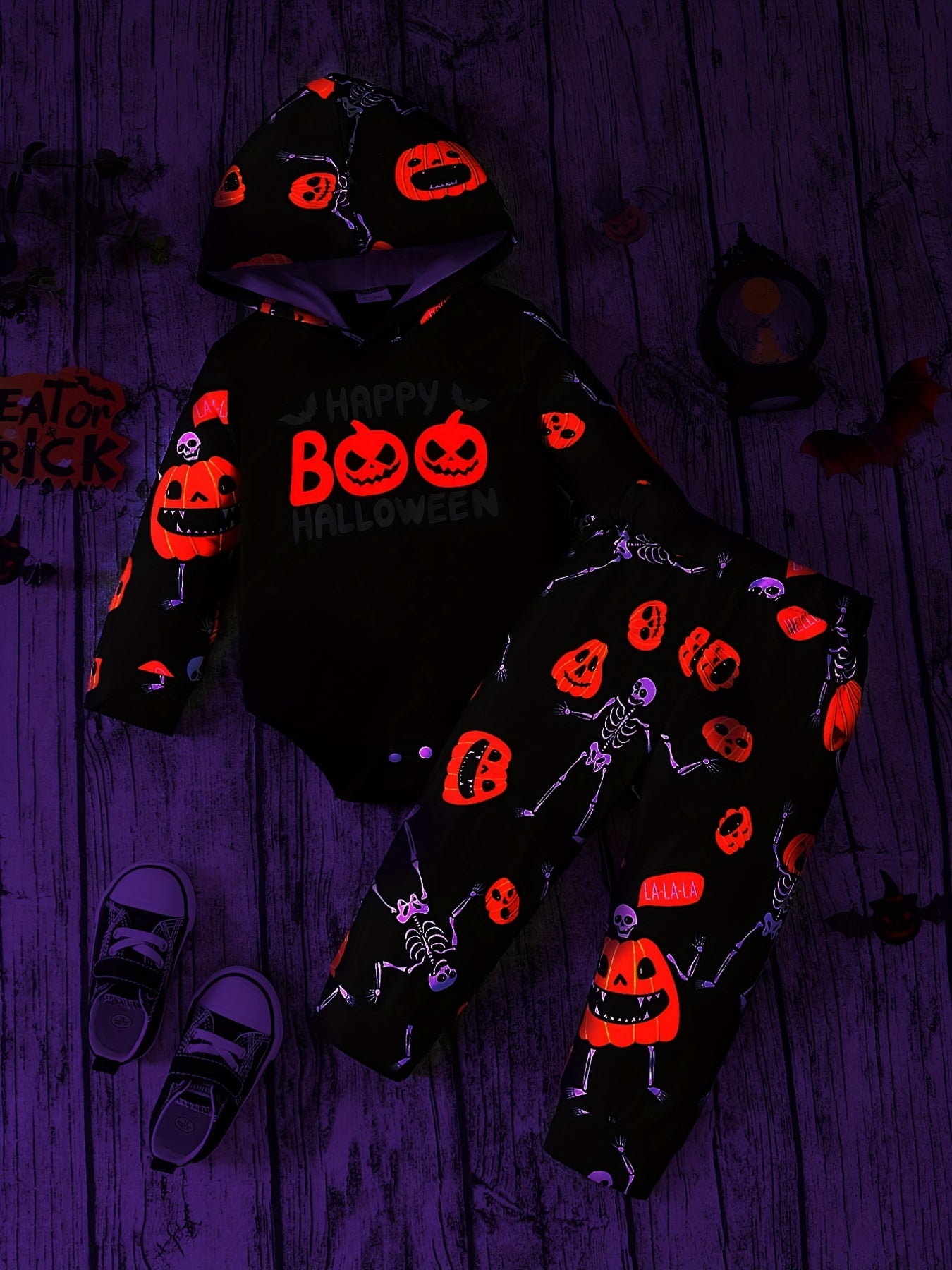 Halloween Luminous Pumpkin & Letter Print Hooded Romper Baby Set