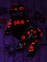 Halloween Luminous Pumpkin & Letter Print Hooded Romper Baby Set