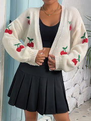 Y2K Cherry Embroidered Knit Cardigan Open Front Long Sleeve Sweater