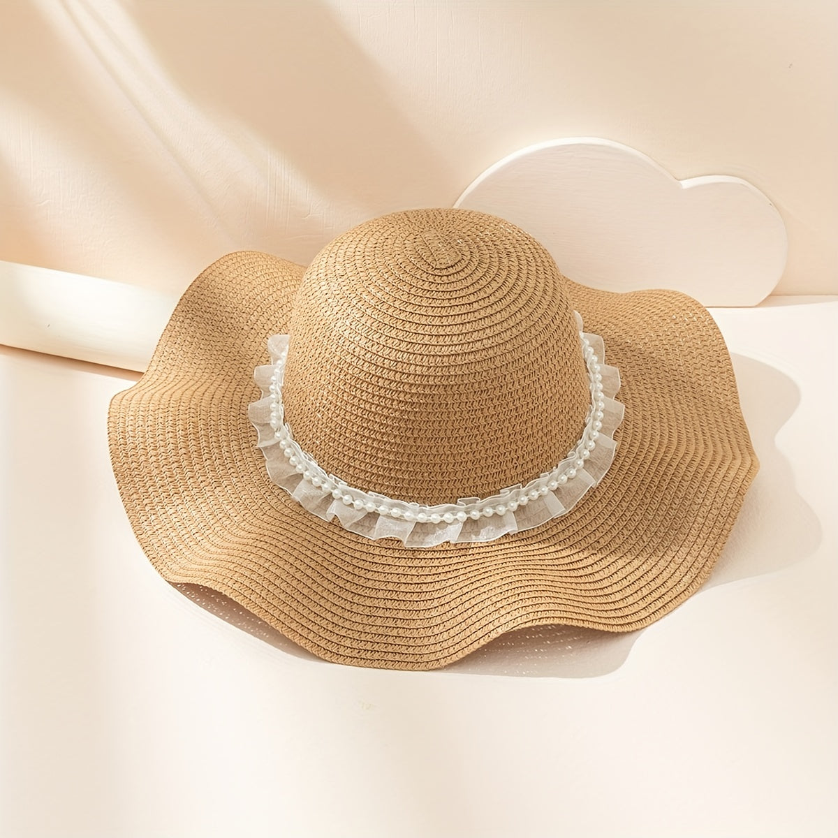 Khaki Sun Hat with Faux Pearl Decor for Women