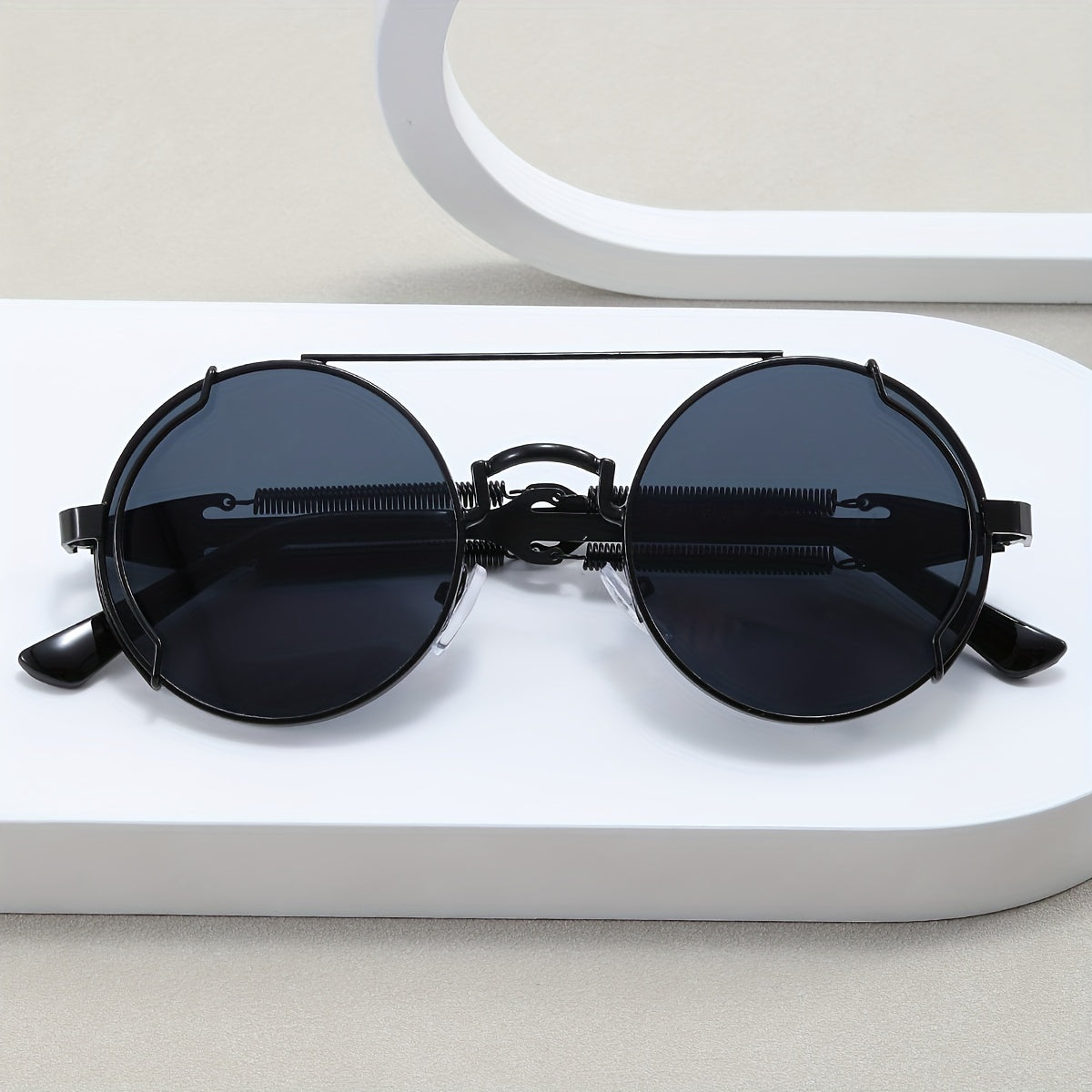 Steampunk Top Bar Round Sunglasses Metal Spring Temple UV400