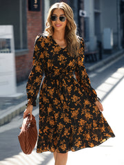 Retro V Neck Ruffle Dress Print Long Sleeve Loose Summer Dresses