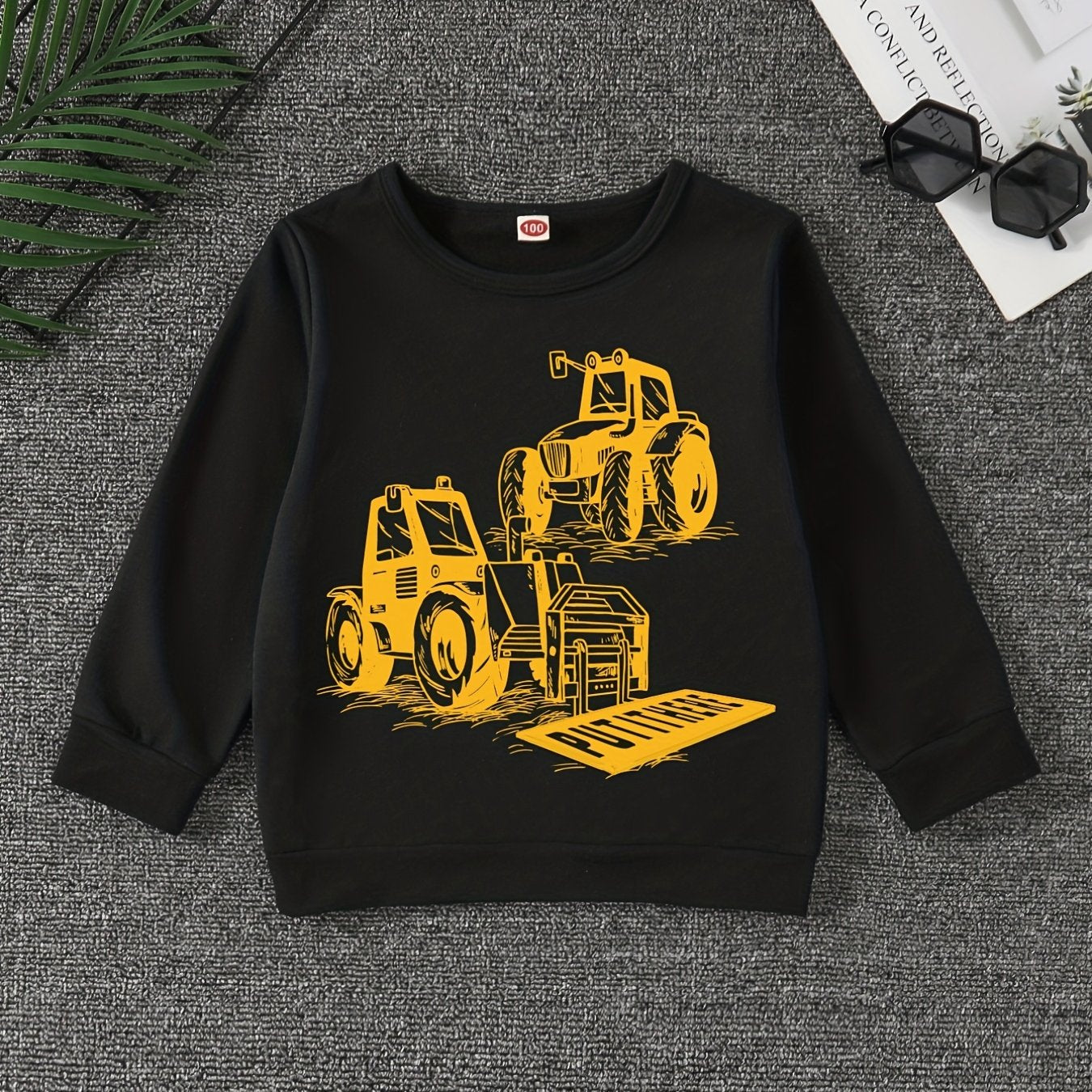 Excavator Print Boys Casual Pullover Sweatshirt Long Sleeve Crew Neck Tops