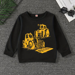 Excavator Print Boys Casual Pullover Sweatshirt Long Sleeve Crew Neck Tops