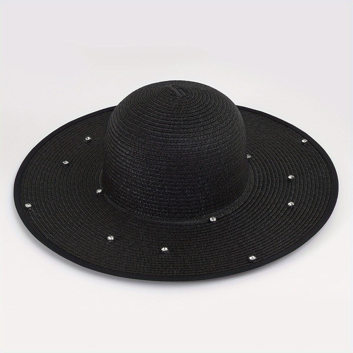 Rhinestone Decor Wide Brim Straw Bucket Hat