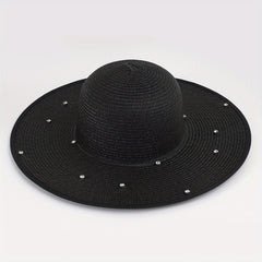 Rhinestone Decor Wide Brim Straw Bucket Hat