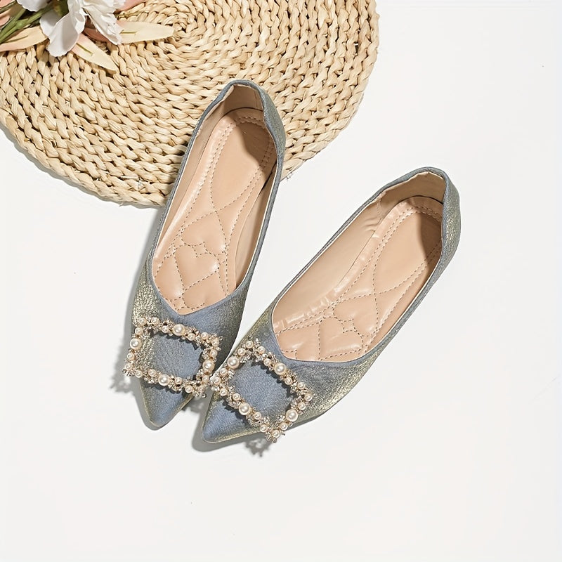Pearl Buckle Flat Shoes Point Toe Soft Sole Lightweight Walking Shoes