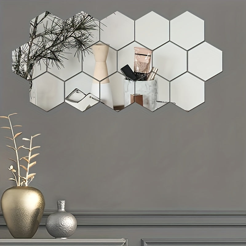 12pcs Hexagon Mirror Wall Stickers DIY Apartment Decor Easy Apply