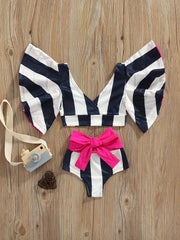 2pcs Baby Girls Striped Lemon Top & Bowknot Shorts Swimsuit Set