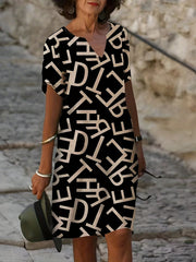 Random Print Short Sleeve Notched Neck Dress for Women