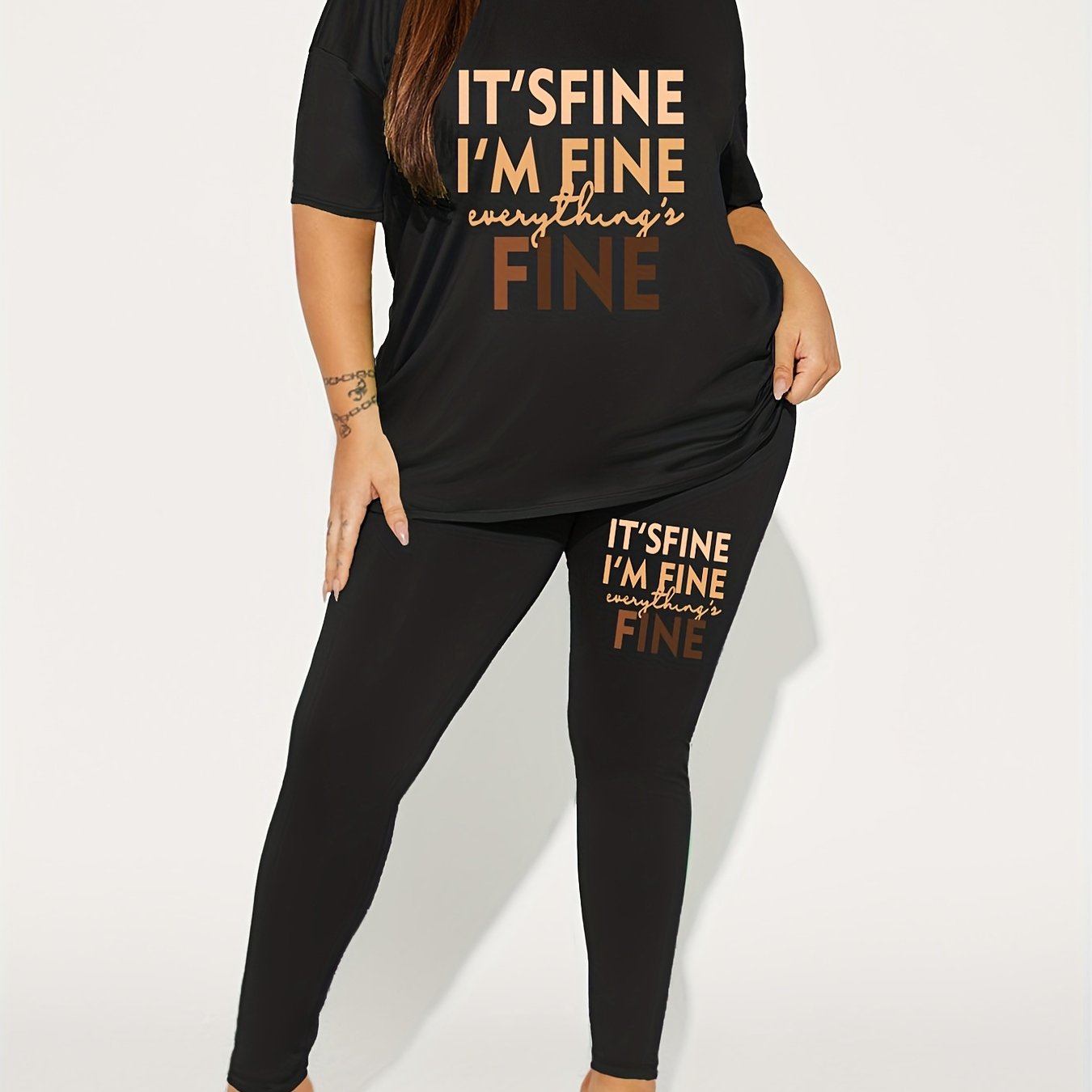 Letter Print Matching Two piece Set Casual Short Sleeve T shirt & Skinny Pants