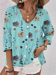 Floral Print Button Up V Neck Top Plus Size