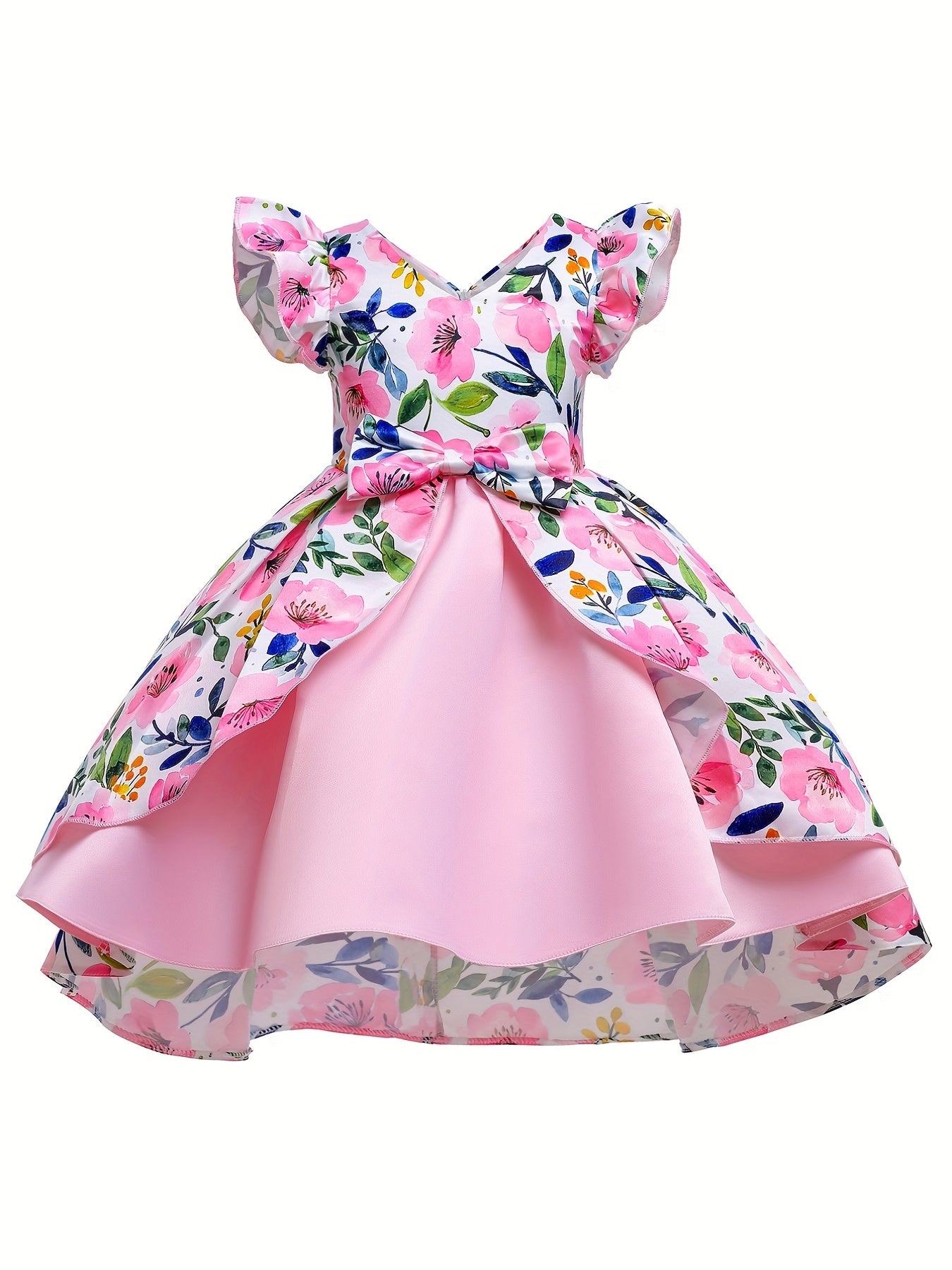 Toddler Girls Ruffle Trim Flowers And Butterfly Graphic Bow Princess Dress