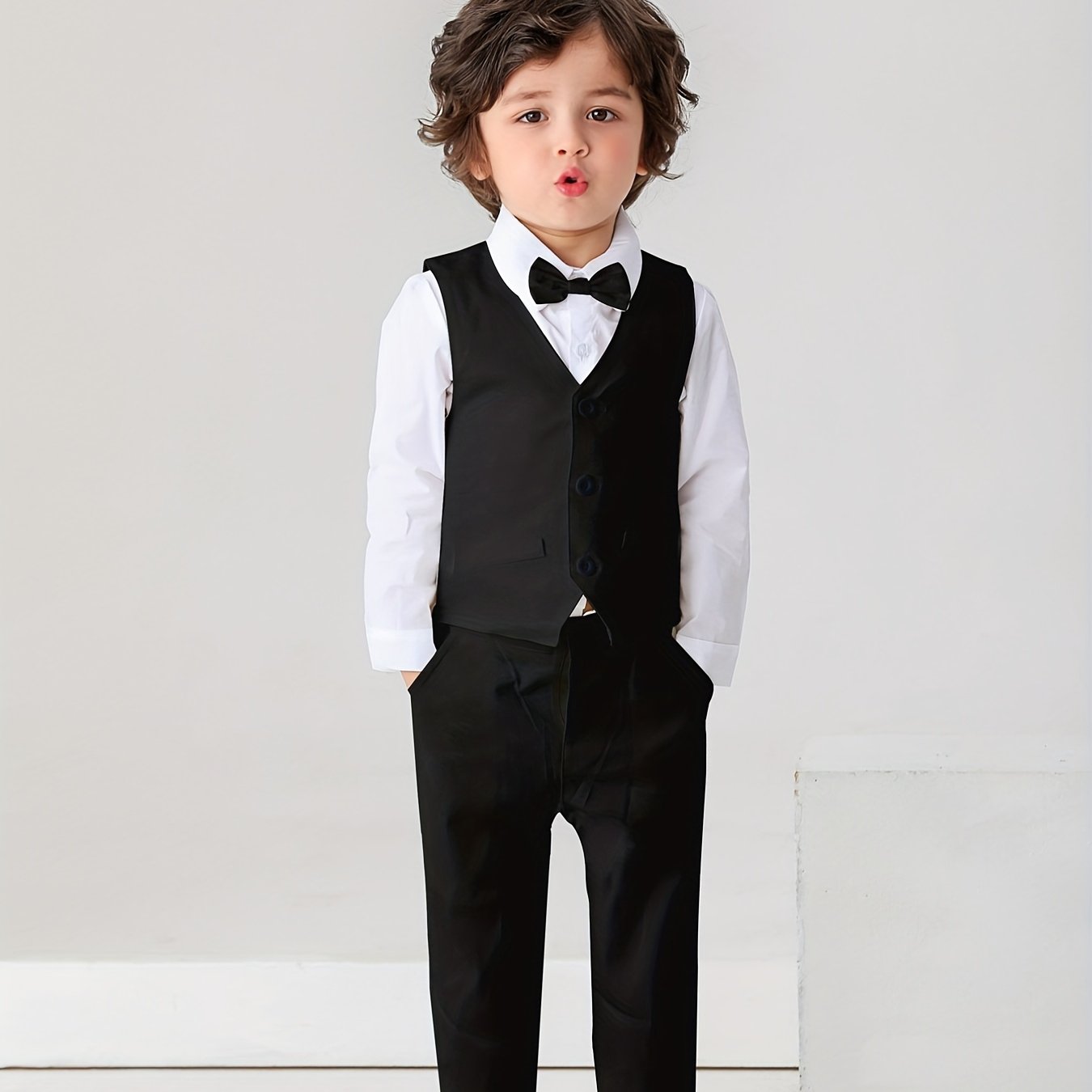 Kids Gentleman Suit 3pcs Dress Shirt Vest And Pants With Bow For Baby Boys