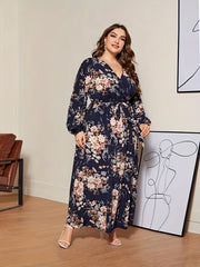 Women's Plus Floral Print Long Sleeve Maxi Dress With Belt