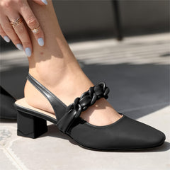 Women's Satin Chunky Heel Slingback Sandals with Chain Detail