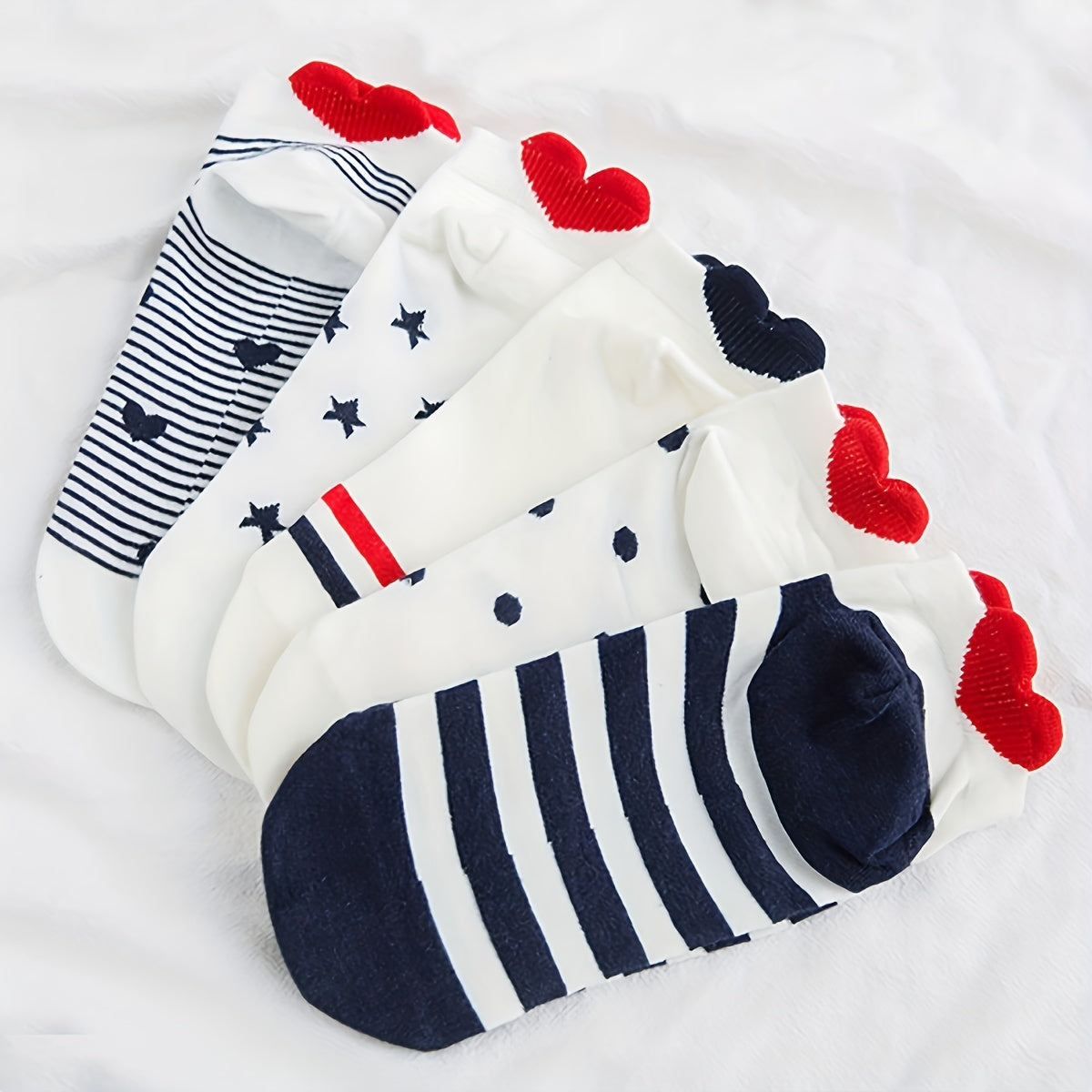 5 Pairs Heart & Striped Print Ankle Socks for Women