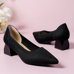 Women's Breathable Chunky Heel Pumps Knitted Slip On Dress Shoes