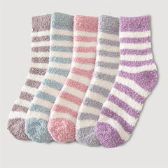 5 Pairs Striped Fuzzy Socks Comfy & Warm Women's Stockings