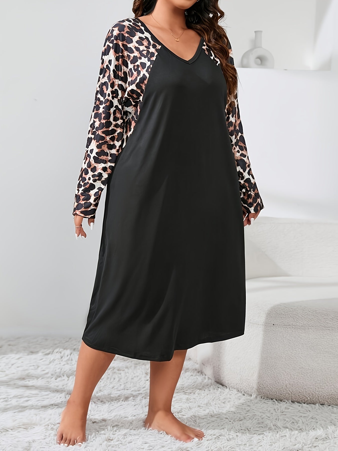Leopard Print Raglan Long Sleeve V Neck Stretch Sleep Dress