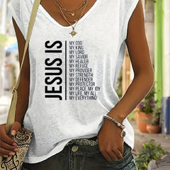 Jesus Letter Print Tank Top Casual V Neck Summer Cap Sleeve Top